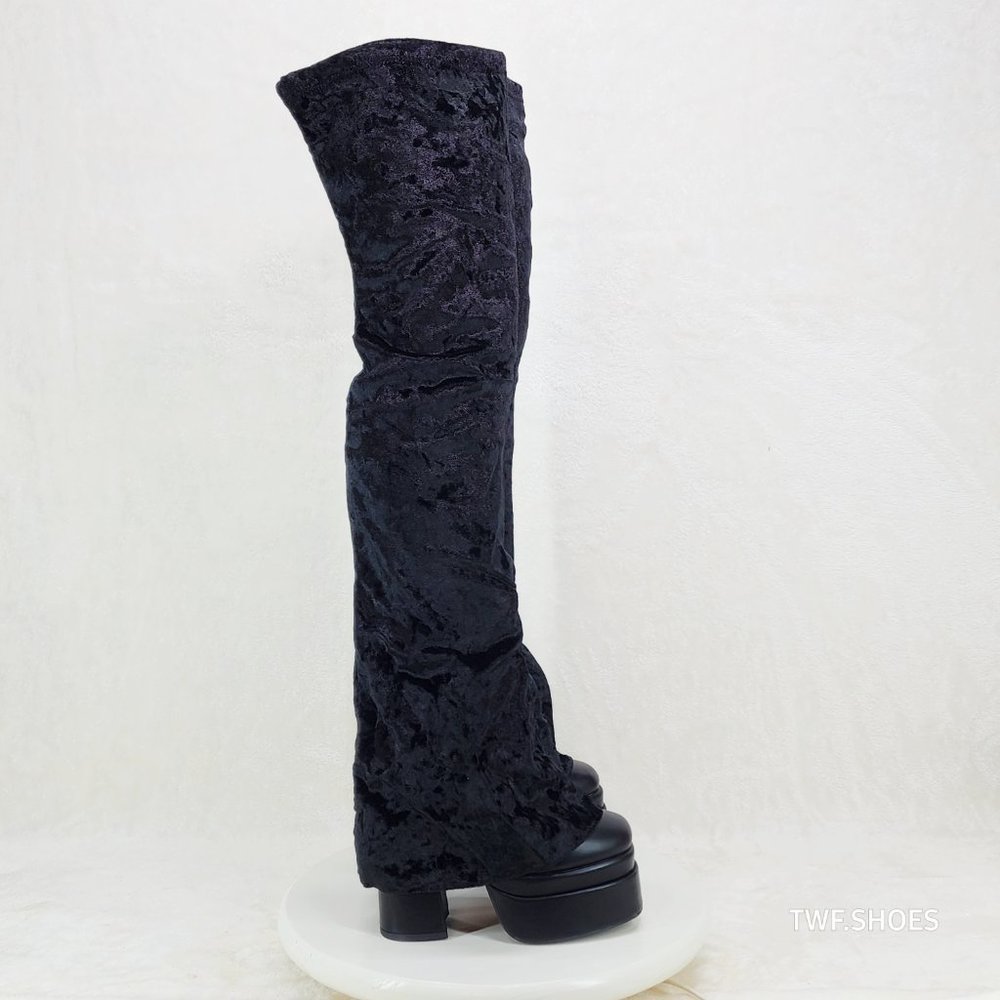 Unique Thigh High Black Velvet Fold over Skirted Chunky Heel Platform Boots - Picture 12 of 17